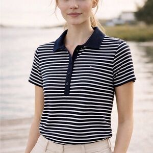 Tommy Hilfiger Classic Striped Polo Shirt Navy White Cotton Size L